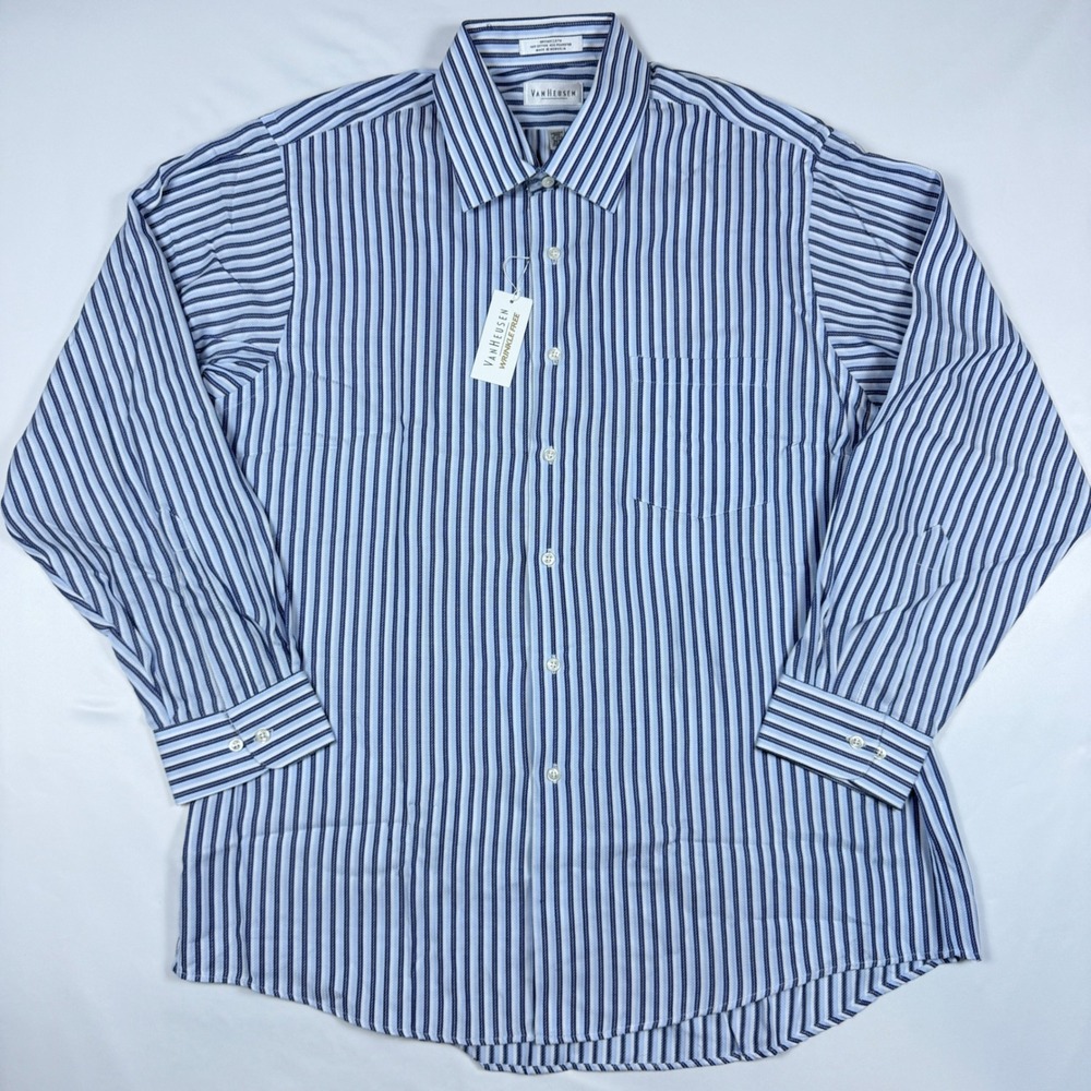 Van Heusen Button Front Shirt Mens XL Blue White Striped Wrinkle Free Broadcloth